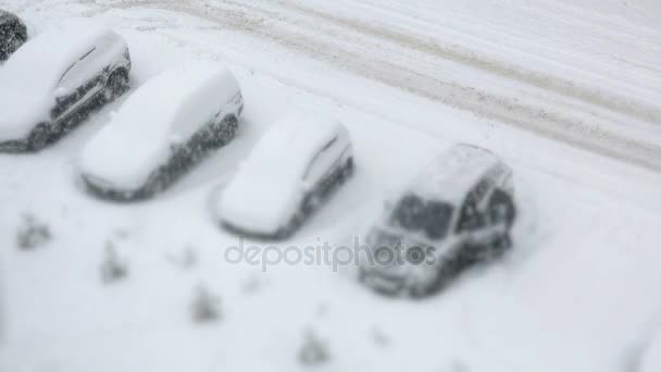 Parking na samochody pokryte śniegiem zimą — Wideo stockowe