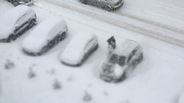 Parque de estacionamento com carros cobertos de neve no inverno — Vídeo de Stock