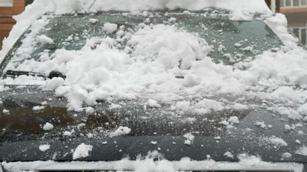 Gros plan du pare-brise de la voiture pendant les chutes de neige — Video