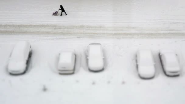 Parkering med snötäckta bilar på vintern — Stockvideo