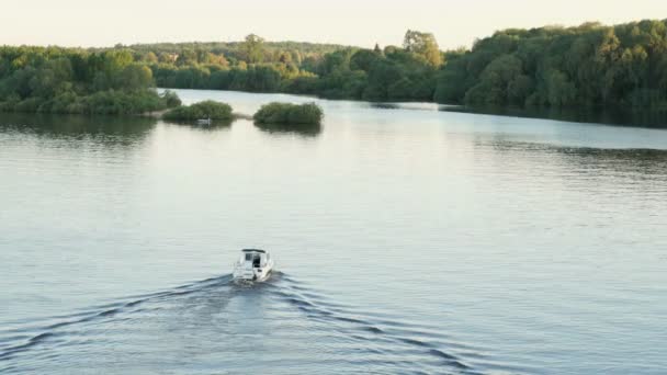 Pequeño bote a motor solitario a lo largo del río — Vídeo de stock