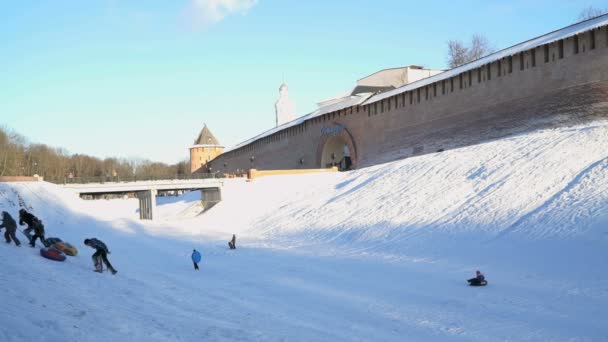 Children sledding downhill in the winter — Stock Video