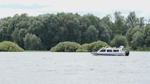 Petit bateau à moteur solitaire le long du fleuve — Video