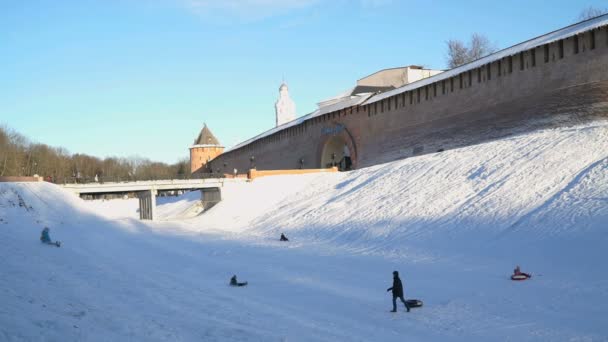 Bambini slittino in discesa in inverno — Video Stock