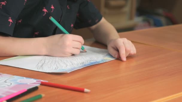 Κοριτσάκι αντλεί τις εικόνες χρησιμοποιώντας μολύβια χρώματος — Αρχείο Βίντεο