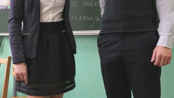 Schoolgirl and schoolboy take each other hands — Stock Video