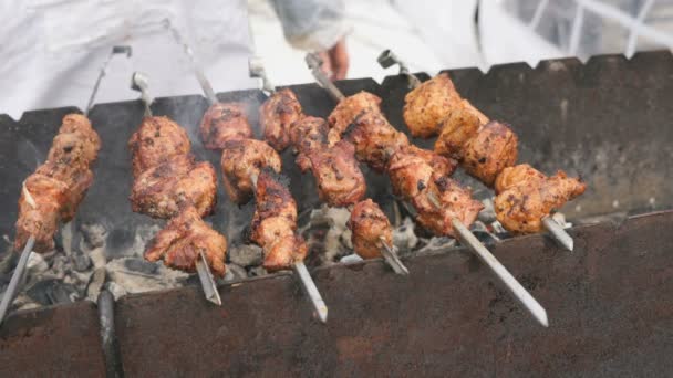 Cooking of pig meat on the metal skewers on coals — Stock Video