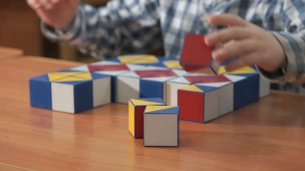 Kleine jongen verzamelen met behulp van de patroon gekleurde kubussen — Stockvideo