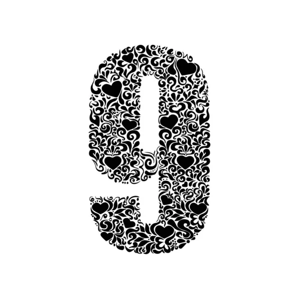Stencil Dibujo Ornamento Negro Cortar Número Nueve — Archivo Imágenes Vectoriales