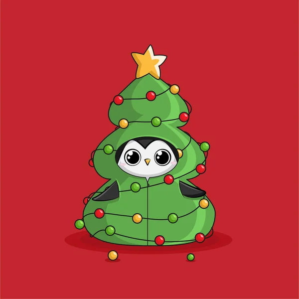 Weihnachten Illustration Pinguine Helle Farbe Baum — Stockvektor
