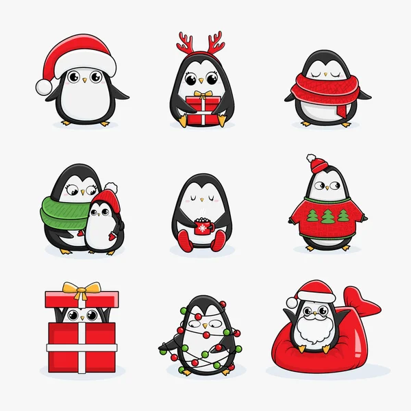 Weihnachten Illustration Pinguine Helle Farbe Sammlung — Stockvektor