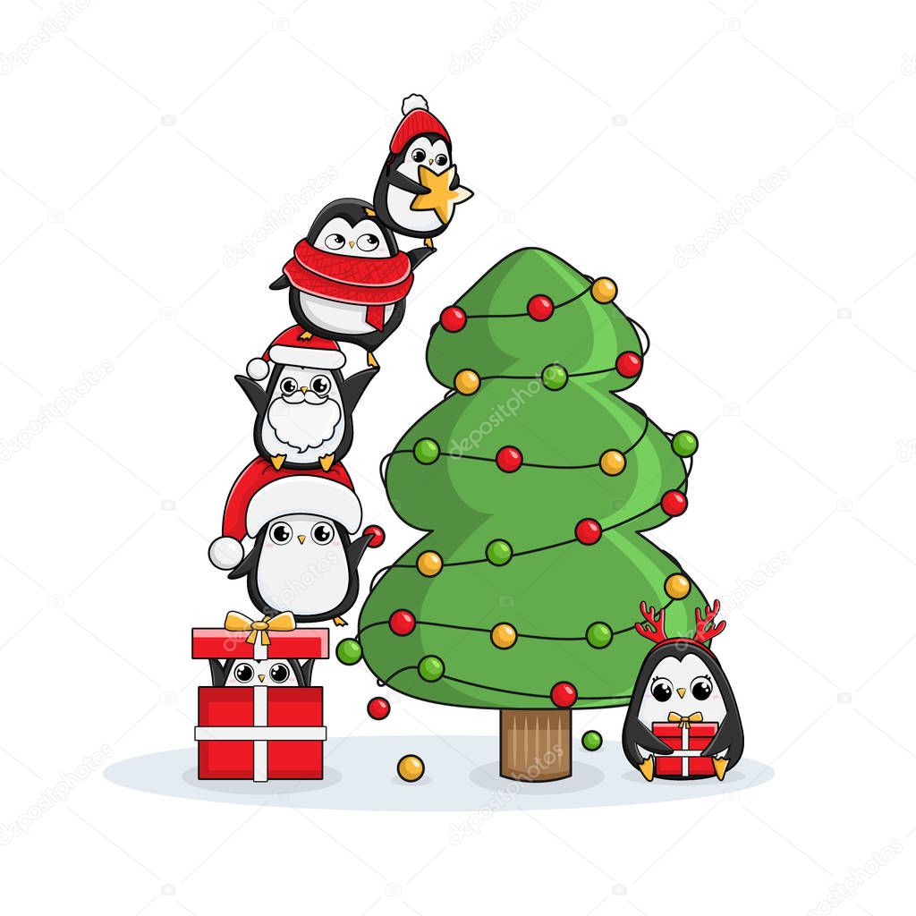 Christmas illustration penguins bright color family collection tree