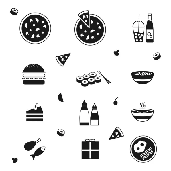 Icône Collection Simple Noir Blanc Food Chef Set Pizza Noir — Image vectorielle