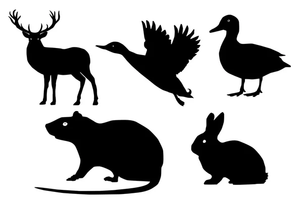 Wild animals vector set. Isolated silhouette, deer, duck, mouse, rabbit. White background. side view — Stock Vector