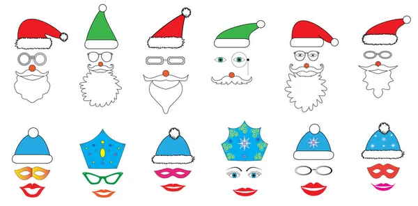 Weihnachtsfeier-Set - Brillen, Hüte, Lippen, Augen, Diademe, Schnurrbärte, Masken - für Design, Fotokabine in Vektor — Stockvektor