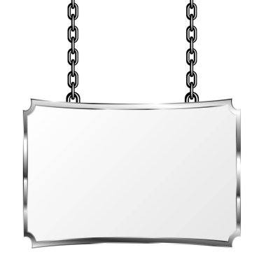 Zincirleri üzerinde asılı bir metal çerçeve içinde kurulu. Gümüş tabela. İzole vektör çizim.