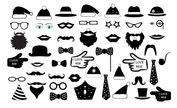 Organisez la fête, le visage de la personne faux. Lunettes, chapeaux, lèvres, moustaches, cravate, monocle, icônes. illustration vectorielle — Image vectorielle