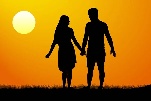Silhouetten von Männern und Frauen, die bei Sonnenuntergang stehen und Händchen halten. Vektorillustration — Stockvektor