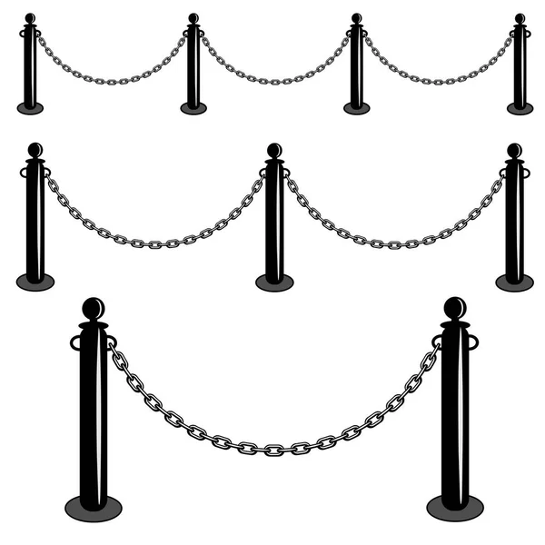 Soporte de barrera de cadena. Barricada de valla de hierro. Ilustración de vector de conjunto aislado . — Vector de stock