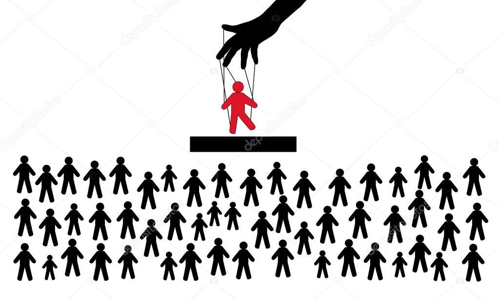 Hidden people management. Puppet in the hands of the manager. The crowd of spectators. Puppet show. Many people are looking at the stars of the show biz. vector illustration