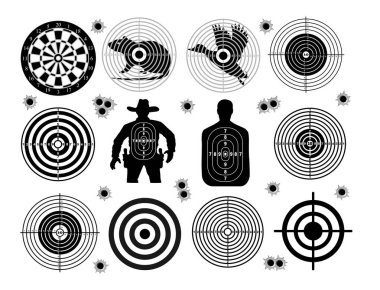 Set of targets shoot gun aim animals people man isolated. Sport Practice Training. Sight, bullet holes. Targets for shooting. Darts board, archery. vector illustration. clipart