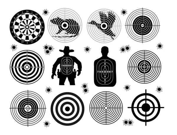 Set of targets shoot gun aim animals people man isolated. Sport Practice Training. Sight, bullet holes. Targets for shooting. Darts board, archery. vector illustration. — Stock Vector