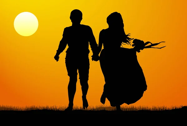 Silhouette of a young couple at sunset. Vector illustration — Stock Vector