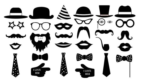 Ensemble de fête rétro. Lunettes, chapeaux, lèvres, moustaches, cravate, monocle, icônes. illustration vectorielle — Image vectorielle