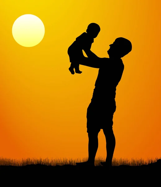 Father with son walk at sunset. Silhouette of a man with a child. vector illustration — Stock Vector
