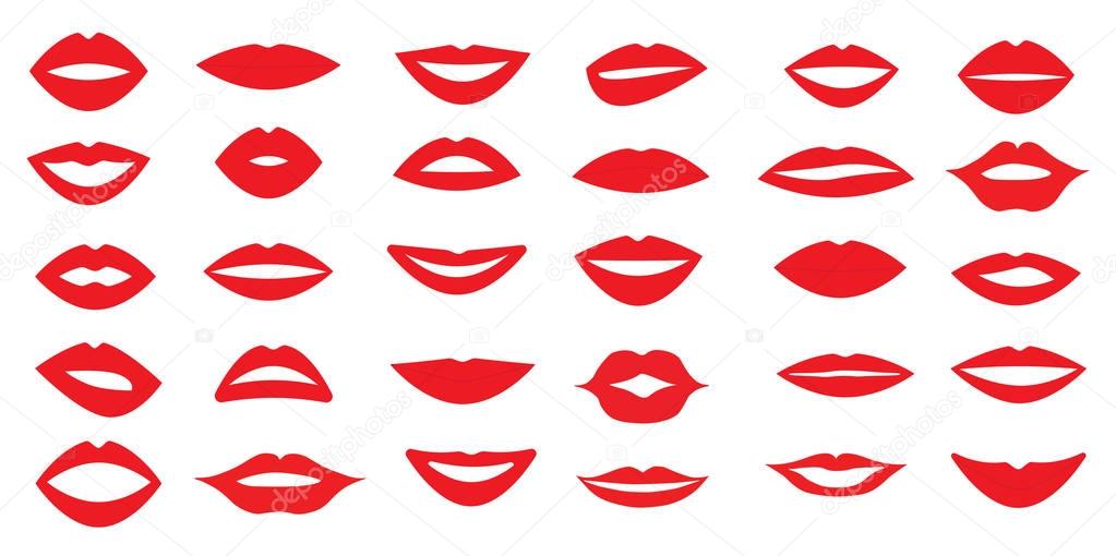set of woman's lips. Different form of the lips. Different emotions. Vector illustration.