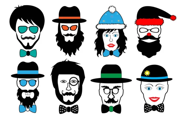 Set volto persona falsa, testa hipster, illustrazione vettoriale — Vettoriale Stock