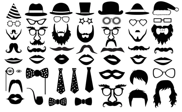 Grupo de festa retro. óculos, chapéus, lábios, bigodes, gravata, barba, monóculo, ícones. silhueta de ilustração vetorial —  Vetores de Stock