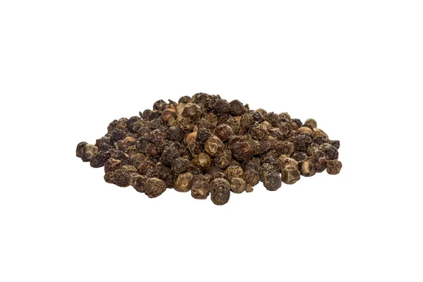 Pimenta preta milho ervilhas inteiras, perfumado, tempero, vista lateral, isolado no fundo branco — Fotografia de Stock