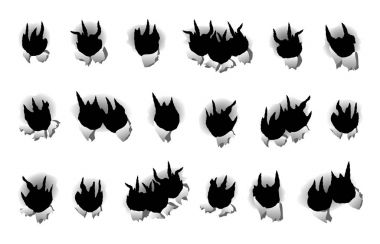 Kağıt üzerinde kurşun delikleri ayarla, silah, izole beyaz arka plan vektör çizim hedef