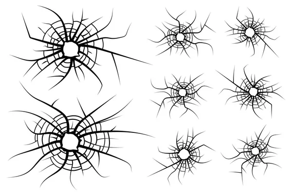 Conjunto de buracos de bala teias de aranha no vidro, tiro ao alvo, ilustração vetorial isolada — Vetor de Stock