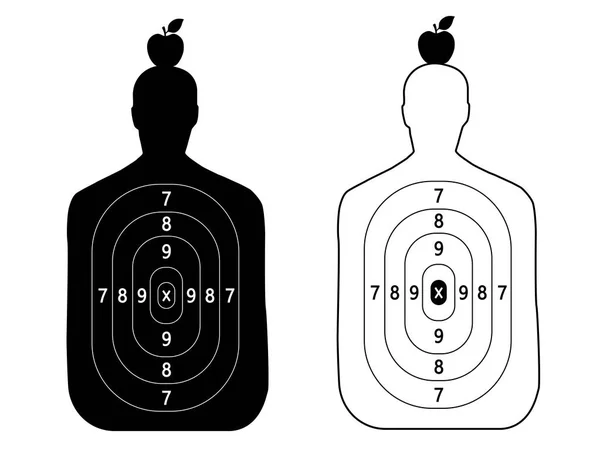 Dos objetivos de tiro en forma de silueta de un hombre con una manzana en la cabeza — Vector de stock