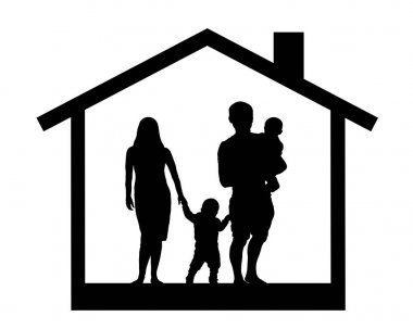 Evde, vektör çizim çocuklu bir aile silüeti