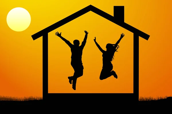Glückliches junges Paar, die Familie zog in ihr eigenes neues Zuhause bei Sonnenuntergang Vektor Illustration — Stockvektor