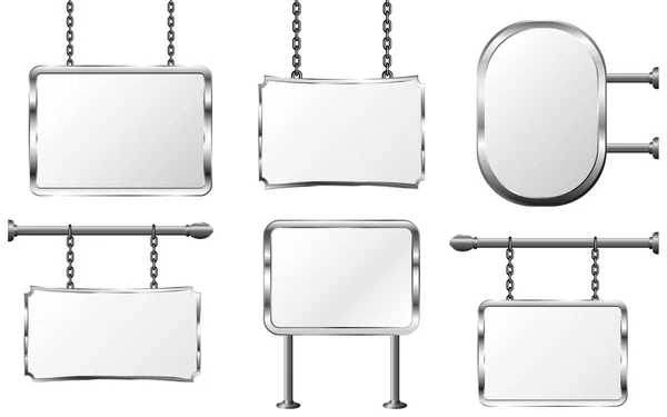 Set board en un marco de metal colgando de cadenas, letrero de plata, ilustración vectorial aislada — Vector de stock