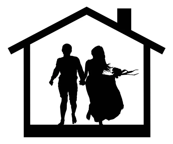Giovane coppia nella silhouette della casa . — Vettoriale Stock