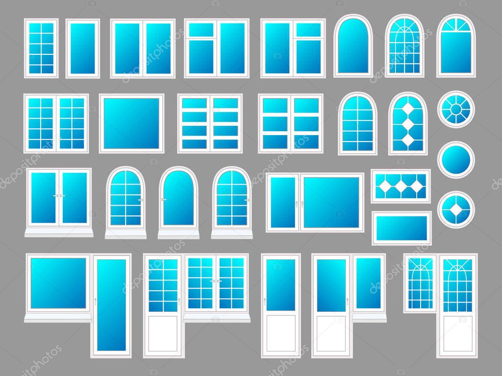 Plastic windows with doors, vector illustration set