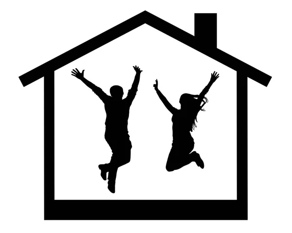 Silhouette of happy young couple jumping in the house room — Stock Vector