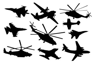 Uçak, helikopter hazır. Askeri uçak siluet vektör koleksiyonu. Hava taşımacılığı
