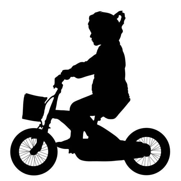 Kind, meisje rijdt een baby fiets silhouet, vector illustratie zijaanzicht — Stockvector