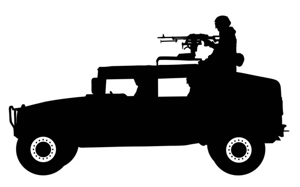 Ein Soldat steht mit einem Gewehr auf einem Silhouettenvektor eines Militärjeeps. — Stockvektor