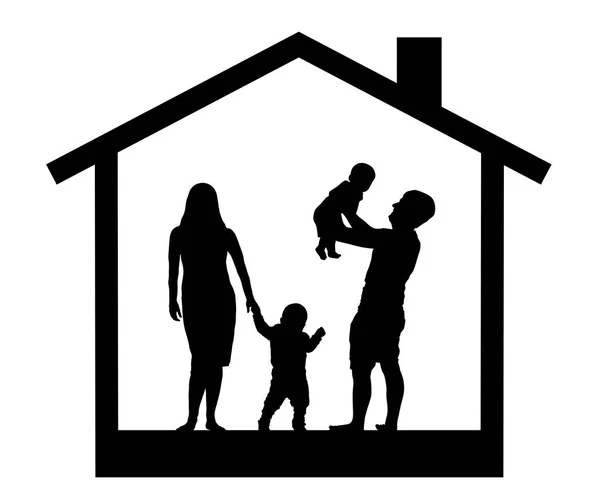 Familia con niños en la casa, silueta vector — Vector de stock