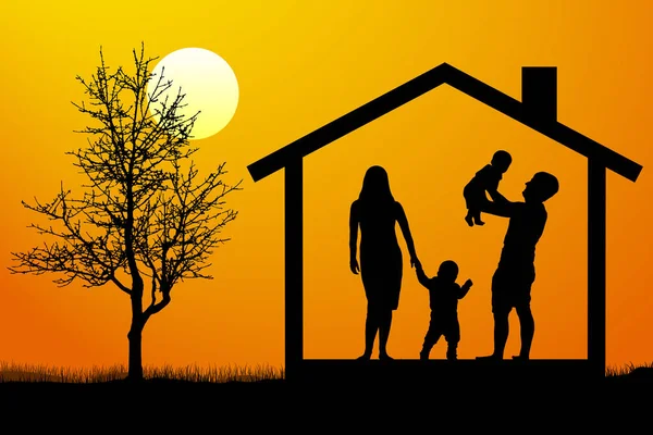 Famiglia con bambini in casa al tramonto, vettore silhouette — Vettoriale Stock