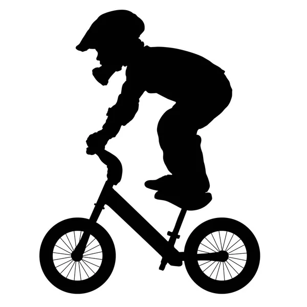 Bicicleta de equilibrio para niños, el niño realiza un truco en una bicicleta, silueta — Vector de stock