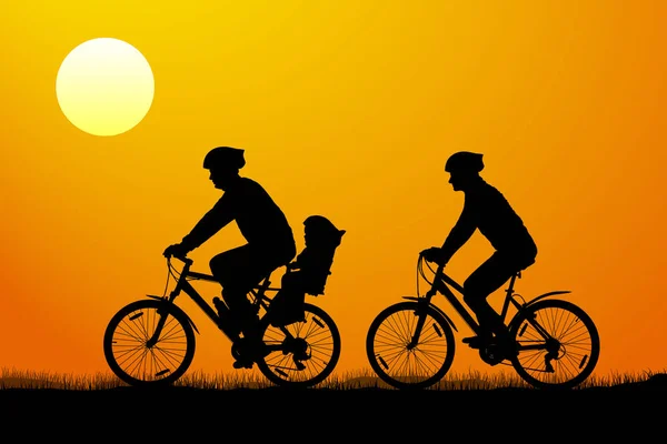 Pareja joven con niño en bicicletas de montaña al atardecer, silueta vectorial — Vector de stock