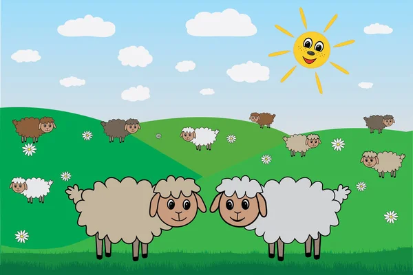 緑の芝生、太陽、感情、羊のベクトルします。 — ストックベクタ